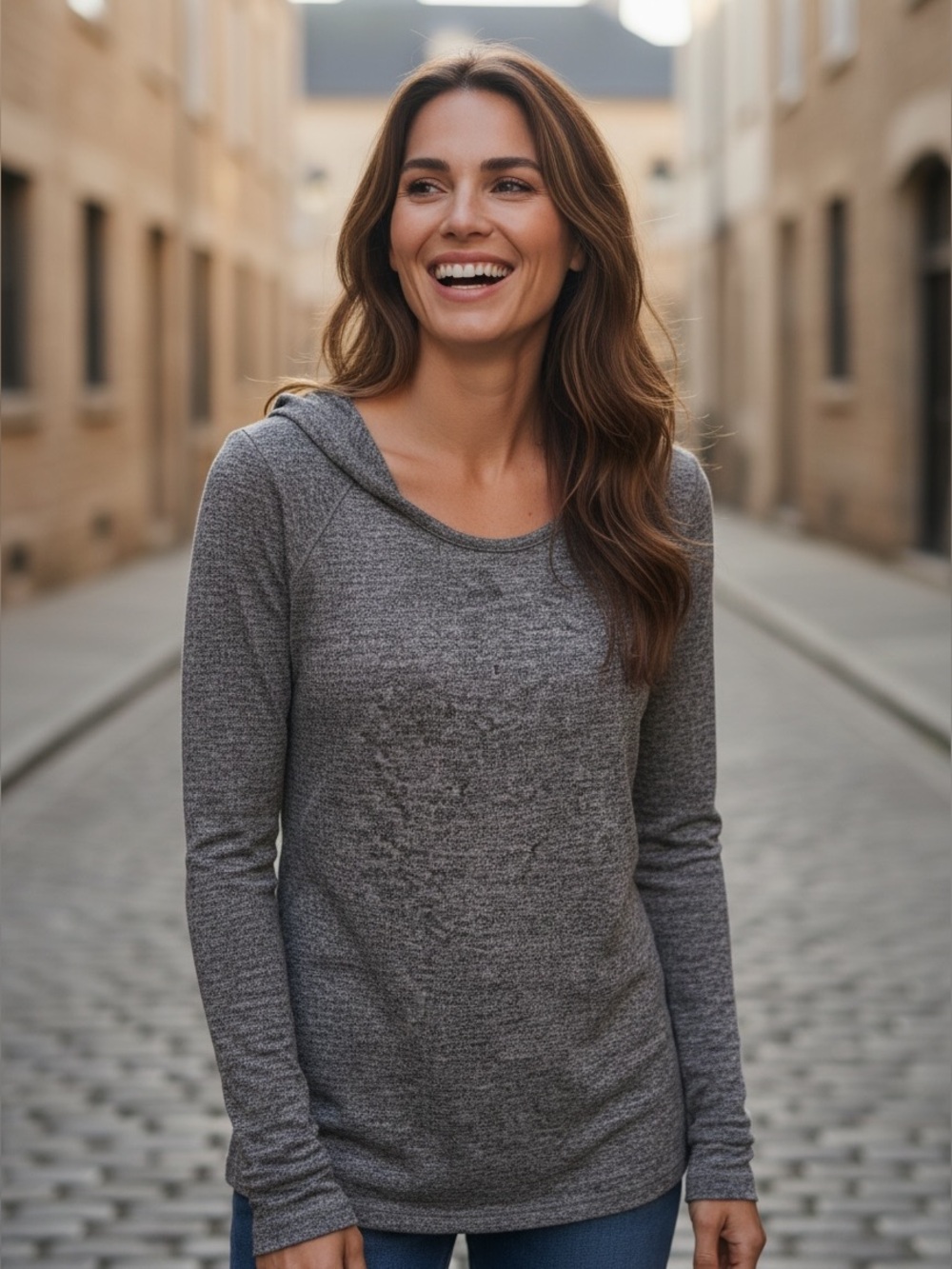 Women’s Gray Hooded Long-Sleeve Sweater